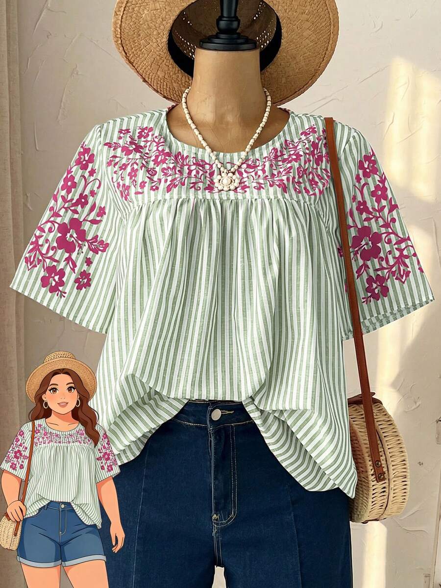 Rusticease 大码女式春季休闲度假短袖条纹印花衬衫 - 薄荷綠 - 查看 1