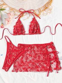 Swim SXY Set Bikini Wanita 3 Potong Motif Bunga dan Payet, Baju Renang Tanpa Punggung dengan Tali Pengikat untuk Pantai Musim Semi/Panas - Merah - View 3
