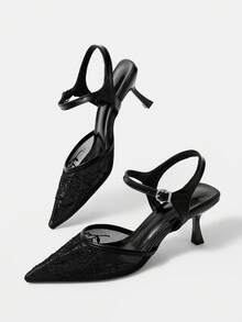 CUCCOO HITCHD Pointed Breathable Mesh Rhinestone Hollow Fashion Embroidery Temperament Versatile Sexy Fairy Banquet Black High Heels - Black - View 12