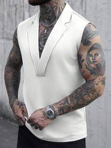Manfinity CasualCool Men's Solid Color Lapel Neck Sleeveless Minimalist Design Summer Fashion Tank Top - White - View 4