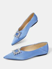 CUCCOO HITCHD Zapatos de mujer elegantes, de suela blanda, con puntera puntiaguda, escote bajo, hebilla cuadrada con rhinestones, suela plana, cómodos y versátiles de color azul - Azul - Ver 12