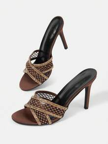 CUCCOO HITCHD Women's High-Heeled Sandals, Gold Mesh Rhinestone Trim Stiletto Muller Drag, Cross-Strapped Sequined Sandals, Dinner Date Temperament High-Heeled Slippers - Brown - View 12