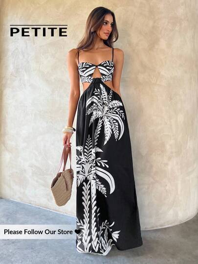 SHEIN Aloruh Petite 娇小女装夏季新款优雅性感度假波西米亚黑白撞色花卉镂空休闲百搭吊带露背连衣裙