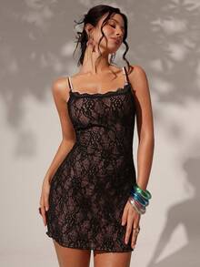 Optris Vestido mini ajustado de cintura ceñida de 2 piezas con contraste de encaje negro y rosa, sexy y elegante para fiesta, boda, cita, vacaciones, playa, versátil - Negro - Ver 9