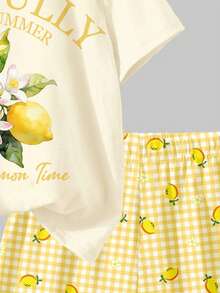 SHEIN Young Girl Retro Elegant Cream Lemon Tree Print Pattern,Fresh Yellow Plaid Short Sleeve T-Shirt And Shorts 2-Piece Set,Holiday Summer,Pastoral Style - Multicolor - View 7