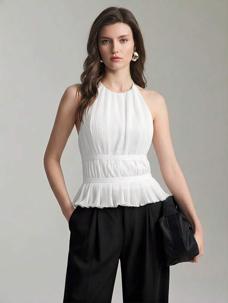 2025 New Arrival White Pleated Halter Neck Blouse, Comfortable Casual Crinkle Fabric Top, Versatile For All Seasons, Suitable For Beach, Boho, Resort, Summer, Indie Music Festival, Western Wear