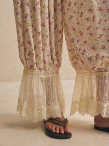 Women's Pants Vintage Floral Lace-Trim Palazzo Pants – Boho High-Waist Drawstring Wide-Leg Lounge Trousers Boho Floral Pants, Lace Trim Pants, Wide Leg Palazzo, Cottagecore Pants, Summer Lounge Trousers, Vintage Floral Bottoms, Boho Chic Outfit, Flowy Beach Pants Casual Vacation Ditsy Floral Drawstring Waist Contrast Lace Hem Wide Leg Pants Festival Outfits For Women Beach Outfit For Women Vacation Outfits Country Concert Outfit Y2k Women's Fashion Floral Pants - Multicolor - View 9