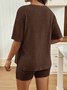 SHEIN 2pcs Maternity Set: Solid Color Round Neck Nursing Functional Top And Adjustable Waist Casual Shorts - Coffee Brown - View 2