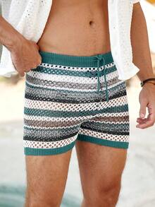 Horizaway Men's Vacation Casual Hollow-Out Knit Shorts Beach Outfit For Men Shorts Shorts For Men Pambahay Summer Shorts For Women Colorful Shorts For Women Shorts For Men Casual Green Stripe Shorts - Multicolor - View 6