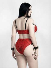 ROMWE Goth Plus Size Women's Red Spider Web Print Tankini Swimwear 2 Pieces Set, Essential For Summer Vacation And Beach Gym Travel - Multicolor - View 5