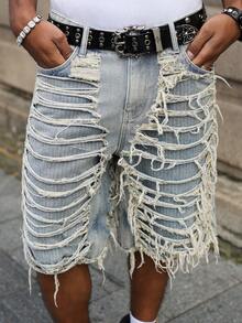 Manfinity EMRG Quần short denim nam màu xanh dương, kiểu dáng thường ngày, kẻ sọc, rách gấu. - Rửa nhẹ - Xem 7
