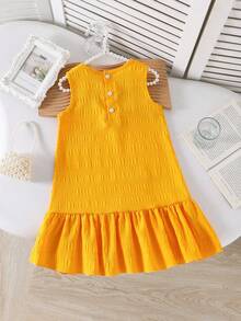 Young Girls' Fashionable Solid Color Cute Sleeveless Dress - Yellow - View 2