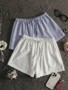 SHEIN Set de 2 pantalones cortos de lino y algodón sueltos y a rayas para niñas preadolescentes, adecuados para la playa, vacaciones, hogar, versátiles, primavera/verano - Multicolor - Ver 3