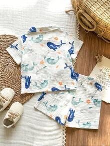SHEIN Vintaside Kids 男婴海豚印花短袖衬衫和短裤休闲套装 - 藍色 - 查看 2