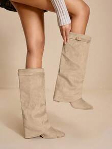 Daringsoles Botas occidentales de tacón grueso con punta puntiaguda y flecos de ante para mujer, botas de ajuste ceñido - Beis - Ver 5