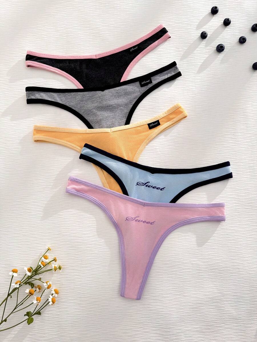 Eraneu 5pcs/Pack Sweet Colorblock Trim Women's Thong Panties - Multicolor - View 1