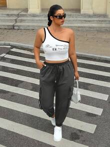 Muchica Pantalones cargo de talla grande con bolsillo con solapa y cintura con cordón en gris oscuro - Gris Oscuro - Ver 3