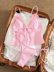 Swim Mod 女士夏季沙滩极简复古粉白条纹深V领荷叶边吊带背心，前开襟系带设计，搭配侧边抽绳比基尼泳裤——两件套可拆分套装（吊带背心比基尼套装），是春假、秋季节日、春季促销、海边度假的理想之选。 - 彩色 - 查看 5