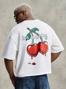 PAVTROS Men's Letter & Cherry Print Casual Short Sleeve T-Shirt - White - View 1