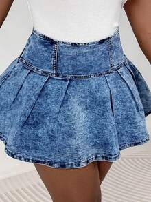 SHEIN ICON 女士高腰褶裥休闲牛仔裙 - 深色水洗藍 - 查看 3