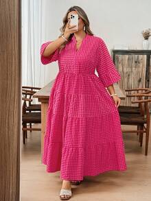 SHEIN CURVE+ 大码夏季休闲格子连衣裙 - 粉色 - 查看 8