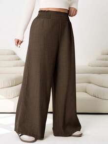 SHEIN CURVE+ Plus Size Solid Color Minimalist Casual Pants Fall - Brown - View 3