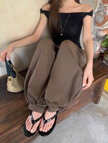 DAZY Quần ống rộng xếp ly cạp chun cho nữ, quần mùa hè thoải mái, thích hợp cho kỳ nghỉ. - Cà phê nâu - Xem 4