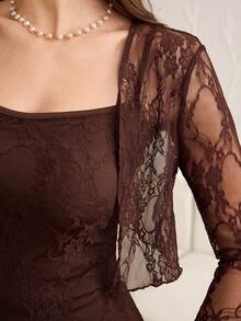 Modelyn Women's Elegant Romantic Waist Cinched Dress With Small Shawl, 2 Pieces Set Party Dark Brown Autumn - Coffee Brown - View 7