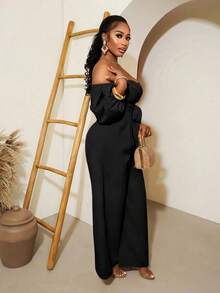 BamGleam 灯笼袖连体裤，活力度假风露肩连体裤，肤色露肩花瓣袖收腰阔腿裤，缎面优雅通勤及度假连体裤 - 黑色 - 查看 7