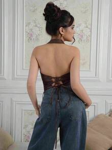 Criza Taa 女式性感时尚街头度假西部风格 PU 皮革露背系带前拉链吊带上衣，夏季 - 巧克力棕 - 查看 7