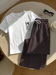 SHEIN EZwear 两件套休闲复古优雅通勤百搭波点领结套装，舒适居家服，度假装，女士夏季服装 - 圆领短袖上衣和条纹印花裤 - 彩色 - 查看 3