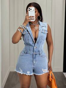 BamGleam Cowgirl Style Light Blue Sleeveless Denim Jumpsuit, Summer Outfit For Coachella Music Festival, Party Night Out, Workwear - Light Wash - View 6