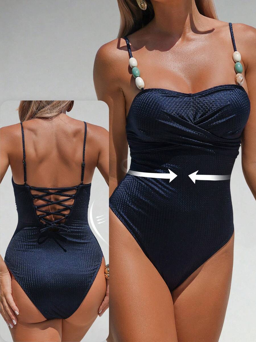 Shapewave 26SS 海军蓝纹理交叉收腹连体泳衣，优雅精致，适合夏季度假 - 藏蓝色 - 查看 1
