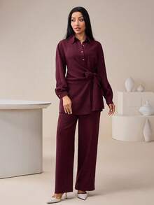 Veilorie Conjunto de 2 piezas de camisa y pantalones de unicolor casual para mujer - Burdeos - Ver 6