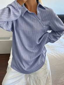 DAZY Camisa holgada para mujer azul claro y blanco con cuello de solapa, manga larga, estilo casual elegante para oficina en otoño - Neblina azul - Ver 3