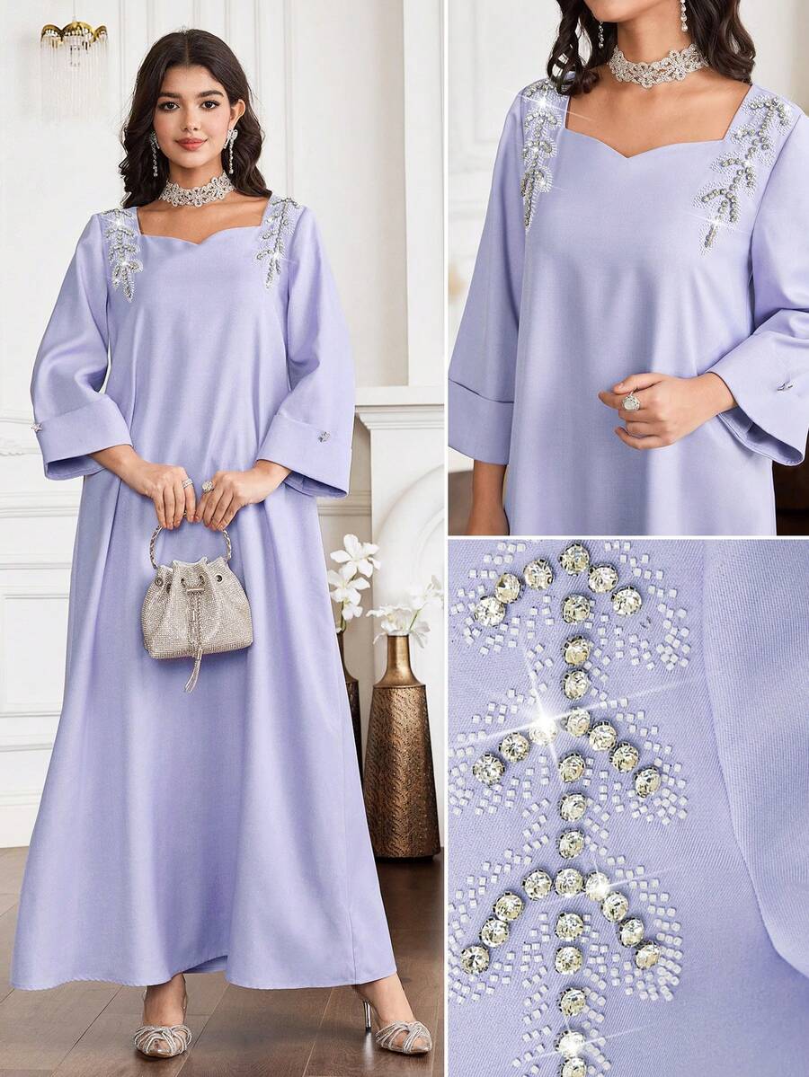 Yasmyna Vestido suelto de estilo árabe con decoración de rhinestones de unicolor para mujer