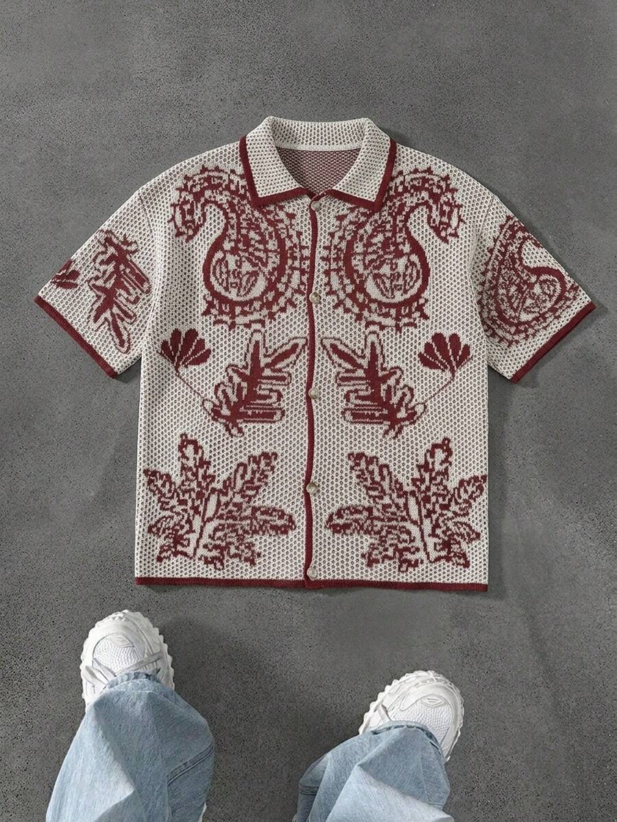 Manfinity LEGND 男士腰果印花短袖单排扣针织衫 - 彩色 - 查看 1