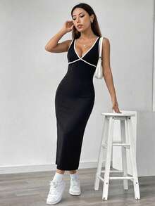 SHEIN Tall Women's Black & White Contrast V-Neck Midi Dress - Black and White - View 5