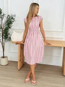 Easowa Đầm nữ dáng lửng kẻ sọc, thắt eo, kiểu dáng thường ngày, thích hợp cho mùa hè. - Màu Hồng baby - Xem 4