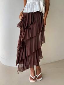 Aloruh Chân váy đi biển xếp tầng họa tiết hoa, chất liệu chiffon thanh lịch, vạt bất đối xứng, thích hợp cho kỳ nghỉ hè. - màu nâu - Xem 5