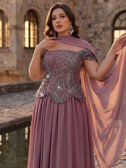 Aureia Đầm chữ A bằng chiffon không dây, kiểu dáng sang trọng, thanh lịch, màu tím đa năng, đính ngọc trai và sequin, thêu hoa, xếp ly, gợi cảm, phù hợp cho đám cưới, sự kiện, tiệc tùng, kỳ nghỉ, dạ hội và các dịp trang trọng.