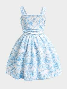 小女孩甜美可爱连衣裙，饰有3D蝴蝶结，吊带腰身，灯笼裙摆，儿童夏季休闲假日时尚款 - 藍色 - 查看 2