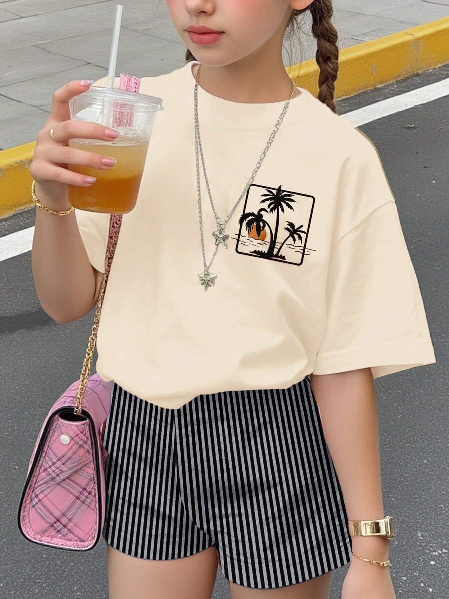 青少年女孩黑白條紋熱帶棕櫚樹印花休閒圓領短袖T恤與短褲兩件套,夏季度假休閒裝 - 彩色 - 查看 1