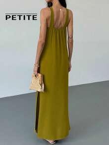 SHEIN Aloruh Petite 娇小女款春夏新款度假风露背A字超长绿色连衣裙 - 綠色 - 查看 4