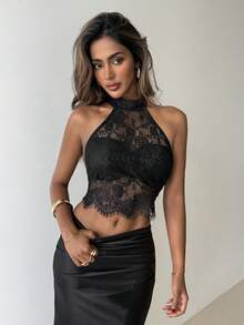 Aloruh Áo hai dây ren đen hở lưng gợi cảm dành cho nữ - màu đen - Xem 9