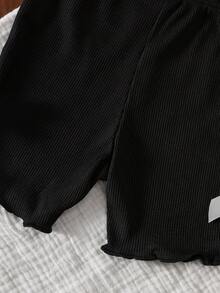 SHEIN Vintaside Kids 3件套女婴0-3岁春夏新款休闲运动弹力罗纹针织柔软三件套修身短裤，适合居家和户外穿着 - 黑色 - 查看 3