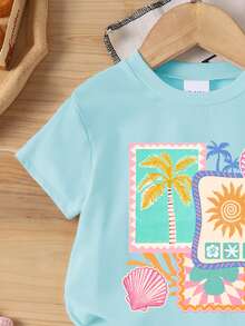 2pcs Baby Girl Vacation Style Fresh Sunshine Coconut Tree Shell Geometric Print Short Sleeve Top T-Shirt And Colorful Wave Sea Star Print Shorts Set, Suitable For Outdoor Summer - Multicolor - View 6