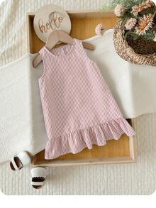 Babygirl Summer Vacation Casual Cute Striped Ruffle Hem Sleeveless Dress - Baby Pink - View 4