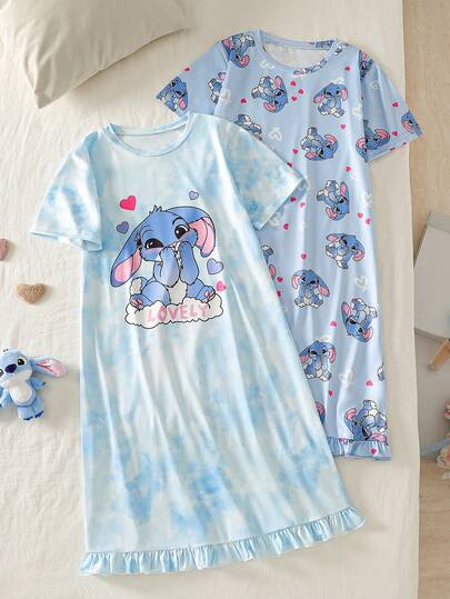 女童卡通蓝色兔子图案舒适针织圆领短袖荷叶边下摆睡袍家居服