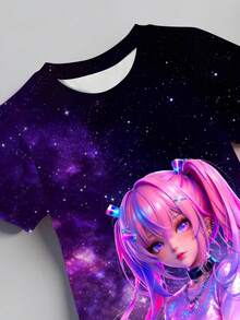 一套女童休闲韩流明星卡通渐变色短袖圆领针织连衣裙，舒适百搭，适合日常和度假穿着，春夏季节外出皆宜。 - 彩色 - 查看 3